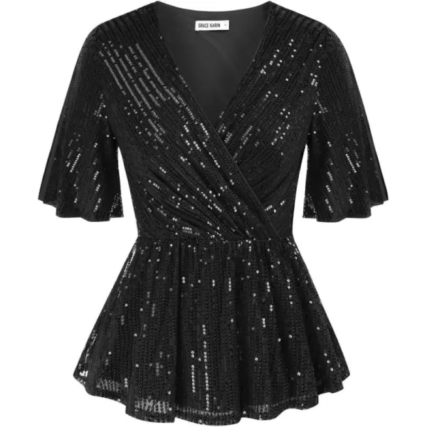 imageGRACE KARIN Sequin Tops for Women Short Sleeve Sparkly Dressy Tops Wrap Blouse Party Club ShirtBlack