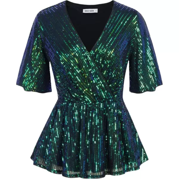 imageGRACE KARIN Sequin Tops for Women Short Sleeve Sparkly Dressy Tops Wrap Blouse Party Club ShirtBlue Green