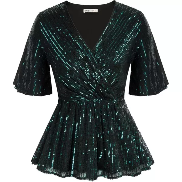 imageGRACE KARIN Sequin Tops for Women Short Sleeve Sparkly Dressy Tops Wrap Blouse Party Club ShirtGreen