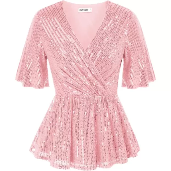 imageGRACE KARIN Sequin Tops for Women Short Sleeve Sparkly Dressy Tops Wrap Blouse Party Club ShirtPink