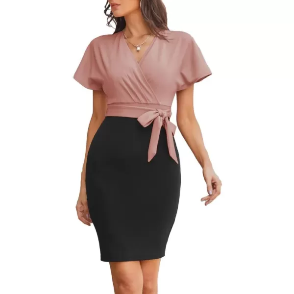 imageGRACE KARIN Womens Business Pencil Dress Short Sleeve Wedding Guest Office Work Dresses Cocktail PartyPinkblack