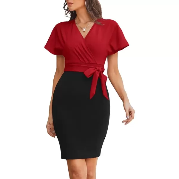 imageGRACE KARIN Womens Business Pencil Dress Short Sleeve Wedding Guest Office Work Dresses Cocktail PartyRedblack