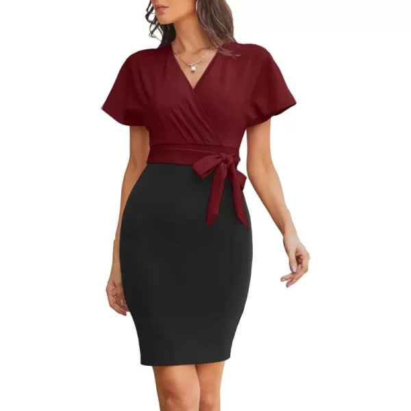 imageGRACE KARIN Womens Business Pencil Dress Short Sleeve Wedding Guest Office Work Dresses Cocktail PartyWine Red