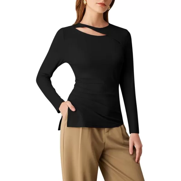 imageGRACE KARIN Womens Crewneck Cutout Long Sleeve Tops Twist Fitted Ruched Slit Asymmetrical Hem TShirts Tees Fall Tunic TopBlack