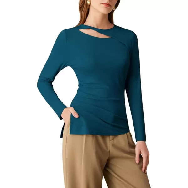 imageGRACE KARIN Womens Crewneck Cutout Long Sleeve Tops Twist Fitted Ruched Slit Asymmetrical Hem TShirts Tees Fall Tunic TopBlue Green