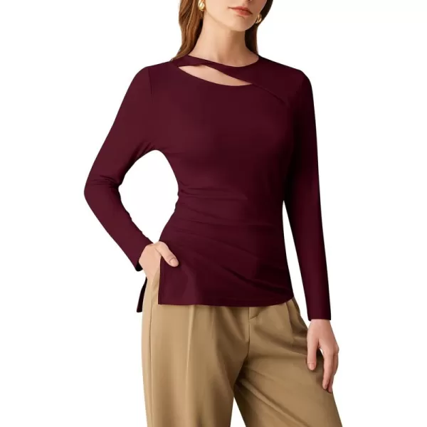 imageGRACE KARIN Womens Crewneck Cutout Long Sleeve Tops Twist Fitted Ruched Slit Asymmetrical Hem TShirts Tees Fall Tunic TopWine Red