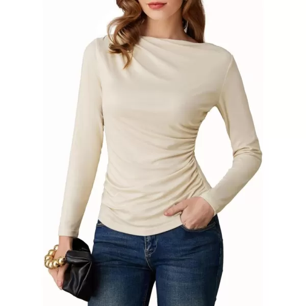 imageGRACE KARIN Womens Long Sleeve Ruched Tops Boat Neck Slim Fit Casual Going Out Blouses 2024 Fall Trendy Tight ShirtsApricot