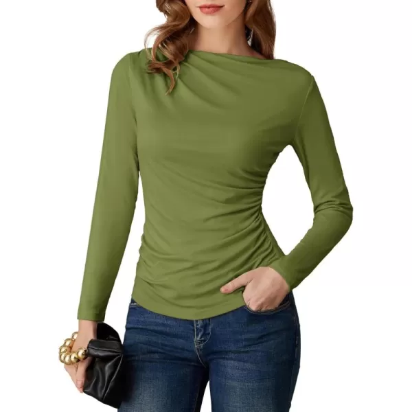 imageGRACE KARIN Womens Long Sleeve Ruched Tops Boat Neck Slim Fit Casual Going Out Blouses 2024 Fall Trendy Tight ShirtsArmy Green