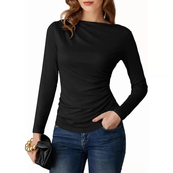 imageGRACE KARIN Womens Long Sleeve Ruched Tops Boat Neck Slim Fit Casual Going Out Blouses 2024 Fall Trendy Tight ShirtsBlack