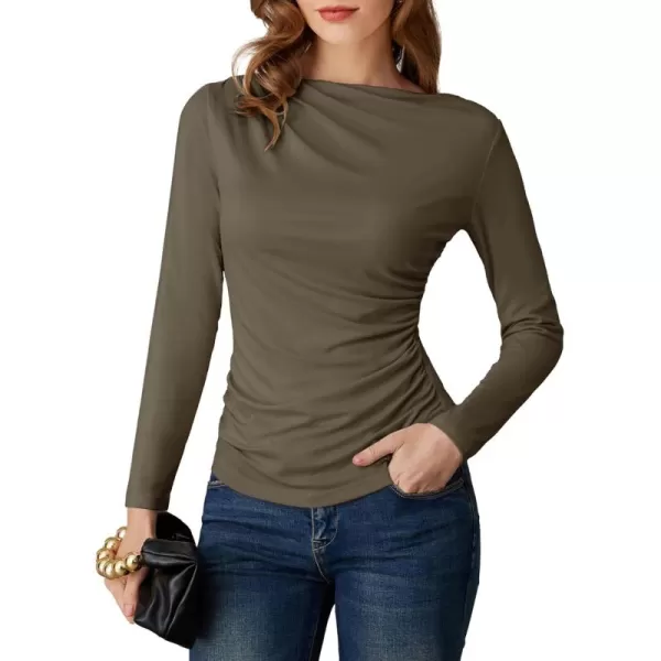 imageGRACE KARIN Womens Long Sleeve Ruched Tops Boat Neck Slim Fit Casual Going Out Blouses 2024 Fall Trendy Tight ShirtsBrown