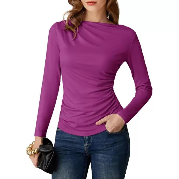 imageGRACE KARIN Womens Long Sleeve Ruched Tops Boat Neck Slim Fit Casual Going Out Blouses 2024 Fall Trendy Tight ShirtsDark Rose Red