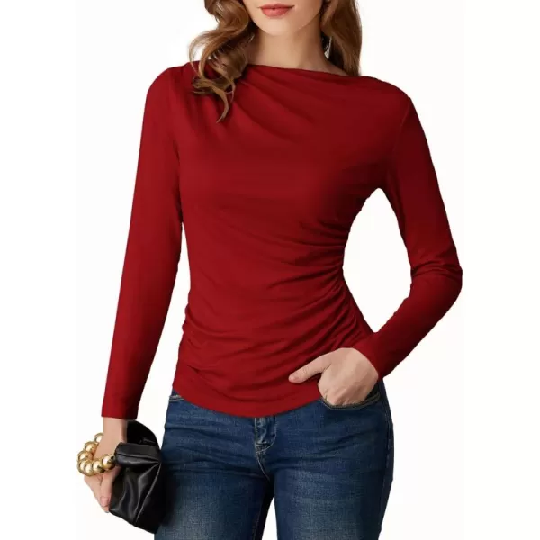 imageGRACE KARIN Womens Long Sleeve Ruched Tops Boat Neck Slim Fit Casual Going Out Blouses 2024 Fall Trendy Tight ShirtsRed