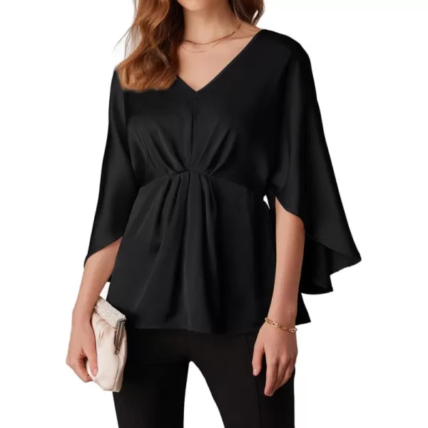 imageGRACE KARIN Womens Satin Silk Peplum Top 34 Batwing Sleeve Tops for Women Dressy Elgant Blouses TopsBlack