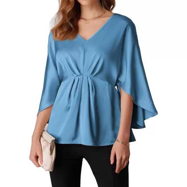 imageGRACE KARIN Womens Satin Silk Peplum Top 34 Batwing Sleeve Tops for Women Dressy Elgant Blouses TopsBlue