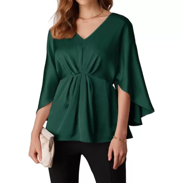 imageGRACE KARIN Womens Satin Silk Peplum Top 34 Batwing Sleeve Tops for Women Dressy Elgant Blouses TopsDark Green