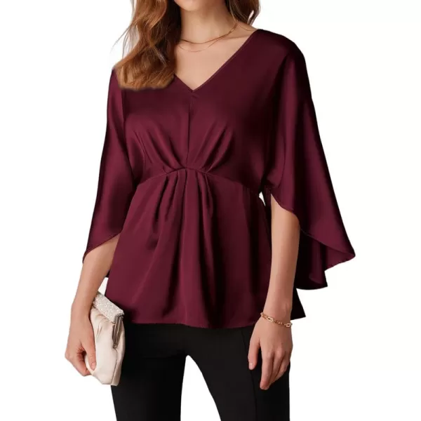 imageGRACE KARIN Womens Satin Silk Peplum Top 34 Batwing Sleeve Tops for Women Dressy Elgant Blouses TopsWine Red