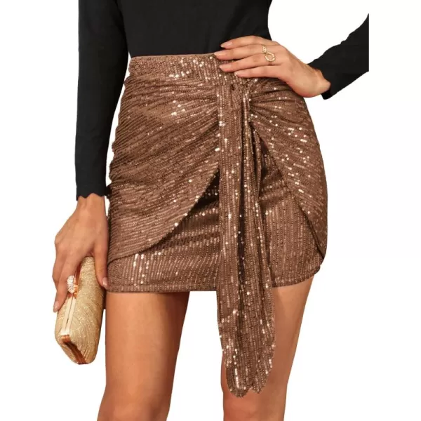 imageGRACE KARIN Womens Sequin Skirt 2024 Sparkly Glitter Bodycon Mini Skirts with Belt Club Night Out PartyBrown