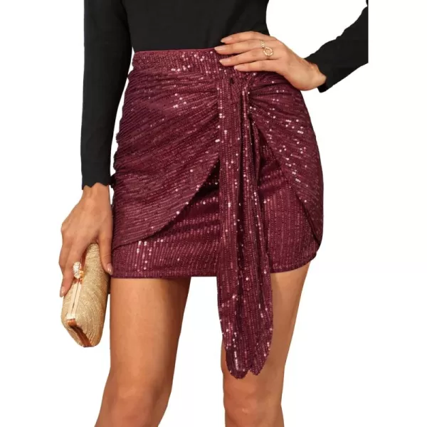 imageGRACE KARIN Womens Sequin Skirt 2024 Sparkly Glitter Bodycon Mini Skirts with Belt Club Night Out PartyWine Red