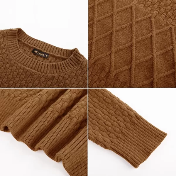 imageGRACE KARIN Mens Crewneck Pullover Sweater Long Sleeve Waffle Cable Knit SweatersCoffee