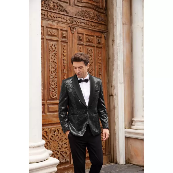 imageGRACE KARIN Mens Sequin Blazer Shiny Shawl Lapel One Button Suit Jacket for Men Dinner Party Wedding Festival TuxedoBlack