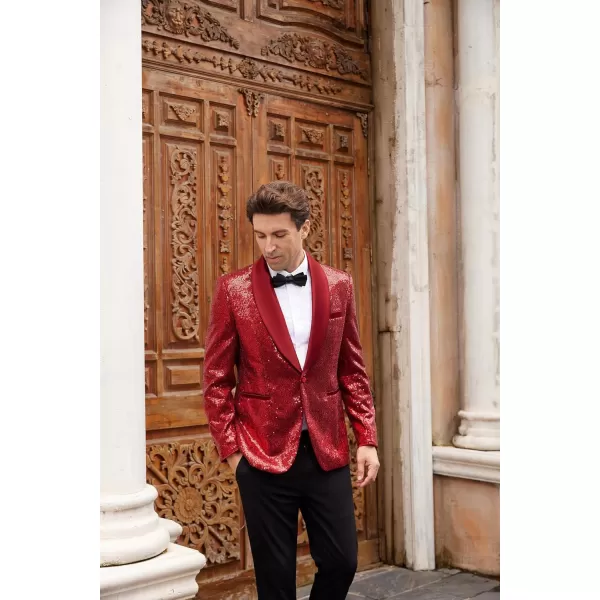 imageGRACE KARIN Mens Sequin Blazer Shiny Shawl Lapel One Button Suit Jacket for Men Dinner Party Wedding Festival TuxedoRed