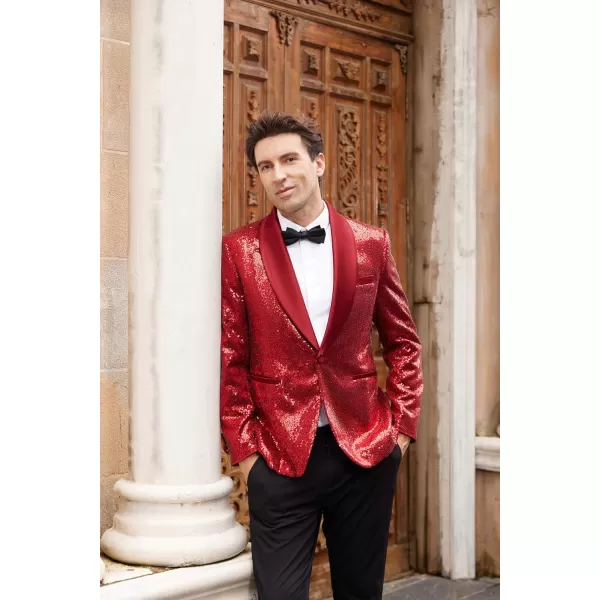imageGRACE KARIN Mens Sequin Blazer Shiny Shawl Lapel One Button Suit Jacket for Men Dinner Party Wedding Festival TuxedoRed