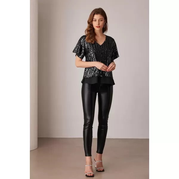imageGRACE KARIN 2024 Womens Elegant Sequin Tops V Neck Short Sleeve Sequin Shirts BlouseBlack