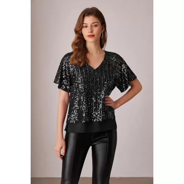 imageGRACE KARIN 2024 Womens Elegant Sequin Tops V Neck Short Sleeve Sequin Shirts BlouseBlack