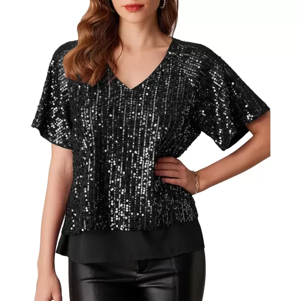 imageGRACE KARIN 2024 Womens Elegant Sequin Tops V Neck Short Sleeve Sequin Shirts BlouseBlack