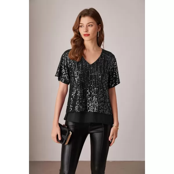 imageGRACE KARIN 2024 Womens Elegant Sequin Tops V Neck Short Sleeve Sequin Shirts BlouseBlack