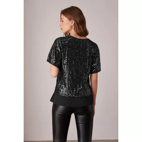imageGRACE KARIN 2024 Womens Elegant Sequin Tops V Neck Short Sleeve Sequin Shirts BlouseBlack