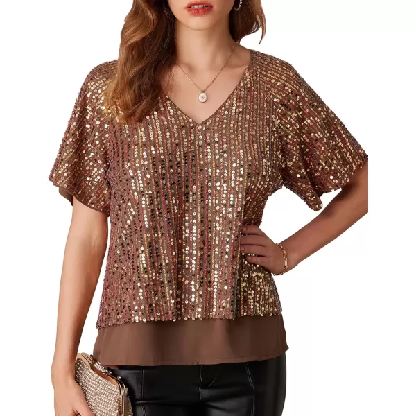 imageGRACE KARIN 2024 Womens Elegant Sequin Tops V Neck Short Sleeve Sequin Shirts BlouseCoffee