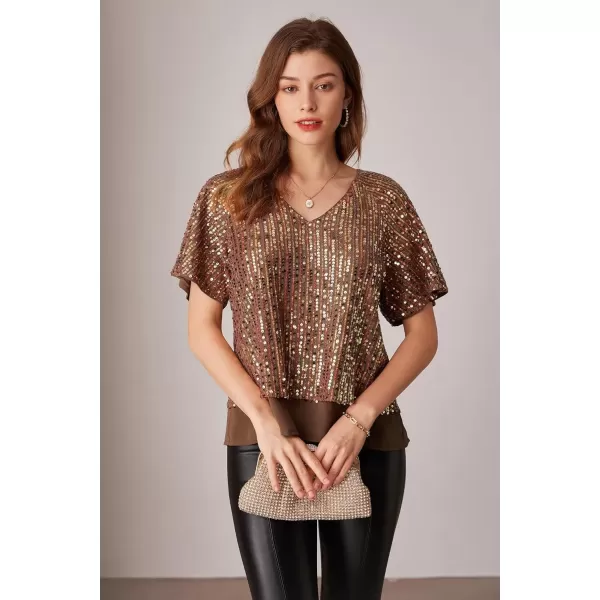 imageGRACE KARIN 2024 Womens Elegant Sequin Tops V Neck Short Sleeve Sequin Shirts BlouseCoffee