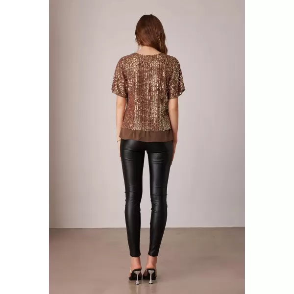 imageGRACE KARIN 2024 Womens Elegant Sequin Tops V Neck Short Sleeve Sequin Shirts BlouseCoffee
