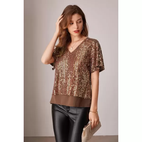 imageGRACE KARIN 2024 Womens Elegant Sequin Tops V Neck Short Sleeve Sequin Shirts BlouseCoffee