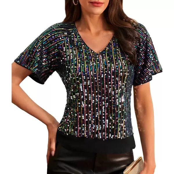 imageGRACE KARIN 2024 Womens Elegant Sequin Tops V Neck Short Sleeve Sequin Shirts BlouseMulticolor Black