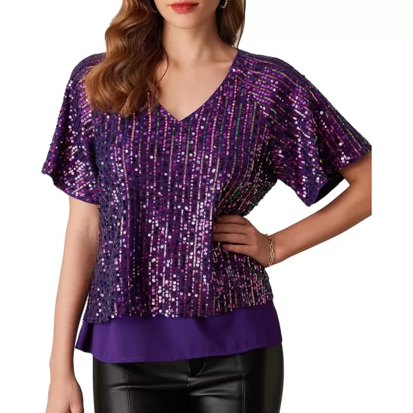 imageGRACE KARIN 2024 Womens Elegant Sequin Tops V Neck Short Sleeve Sequin Shirts BlouseMulticolor Purple