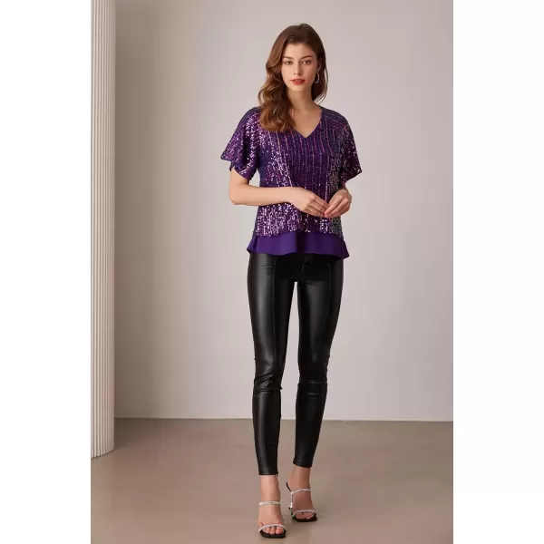 imageGRACE KARIN 2024 Womens Elegant Sequin Tops V Neck Short Sleeve Sequin Shirts BlouseMulticolor Purple