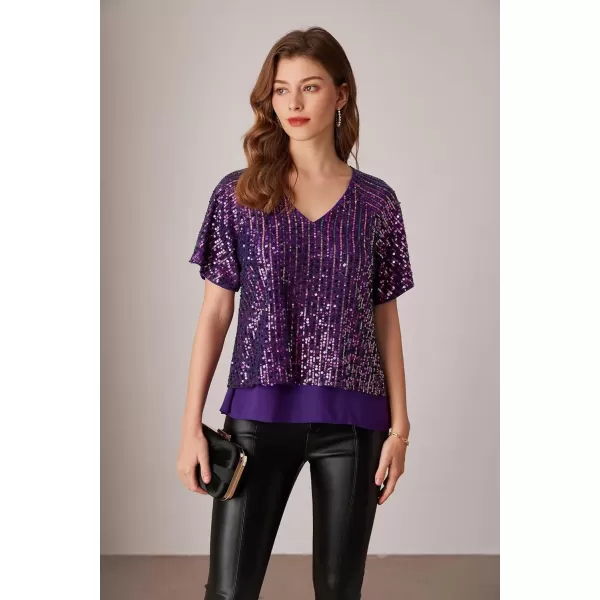 imageGRACE KARIN 2024 Womens Elegant Sequin Tops V Neck Short Sleeve Sequin Shirts BlouseMulticolor Purple