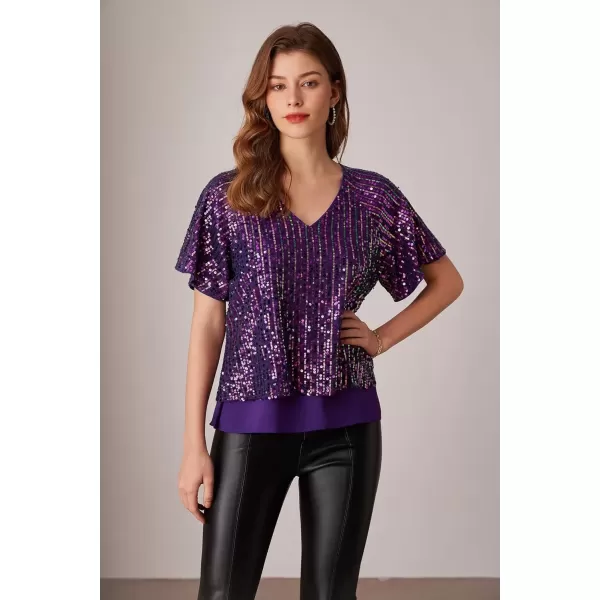 imageGRACE KARIN 2024 Womens Elegant Sequin Tops V Neck Short Sleeve Sequin Shirts BlouseMulticolor Purple