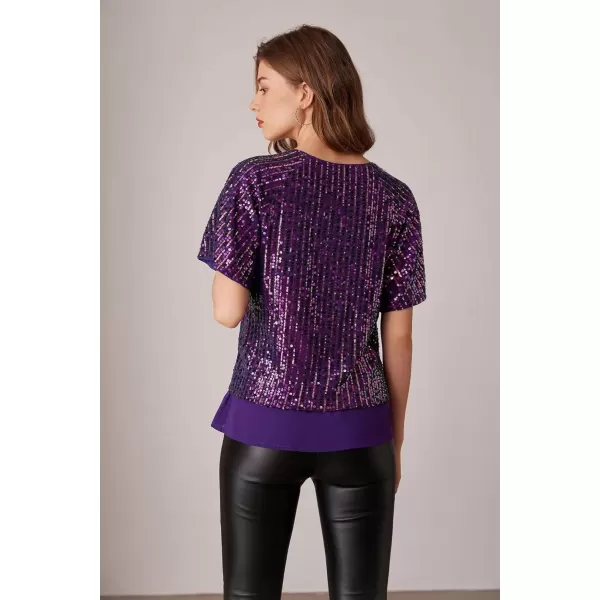 imageGRACE KARIN 2024 Womens Elegant Sequin Tops V Neck Short Sleeve Sequin Shirts BlouseMulticolor Purple