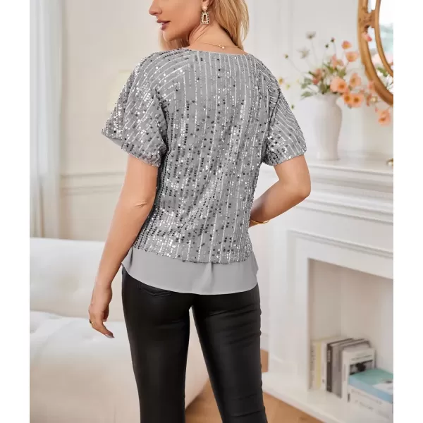 imageGRACE KARIN 2024 Womens Elegant Sequin Tops V Neck Short Sleeve Sequin Shirts BlouseSliver Grey