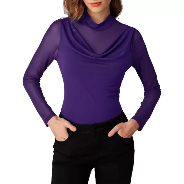 imageGRACE KARIN Mesh Tops for Women Dressy Sheer Long Sleeve Mock Neck Slim Blouses Going Out ShirtsDark Purple