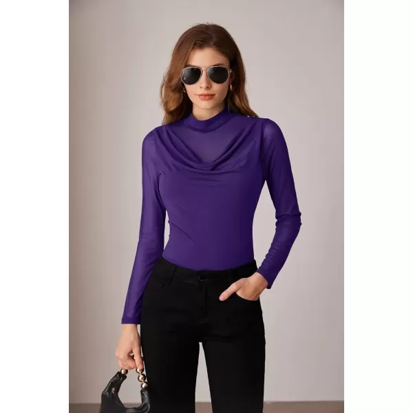 imageGRACE KARIN Mesh Tops for Women Dressy Sheer Long Sleeve Mock Neck Slim Blouses Going Out ShirtsDark Purple