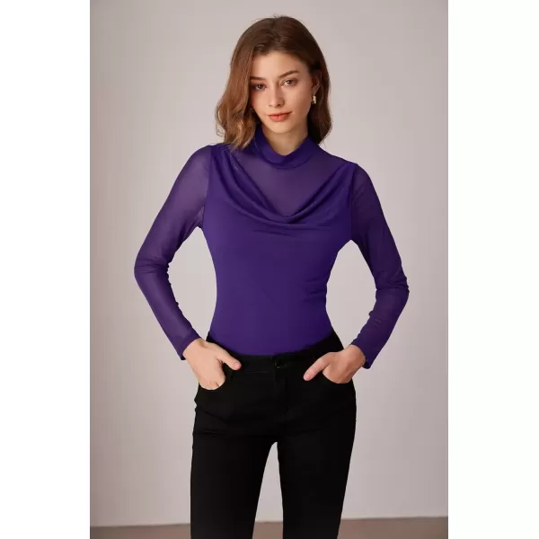 imageGRACE KARIN Mesh Tops for Women Dressy Sheer Long Sleeve Mock Neck Slim Blouses Going Out ShirtsDark Purple