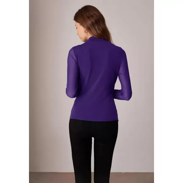 imageGRACE KARIN Mesh Tops for Women Dressy Sheer Long Sleeve Mock Neck Slim Blouses Going Out ShirtsDark Purple