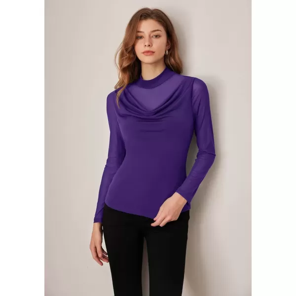 imageGRACE KARIN Mesh Tops for Women Dressy Sheer Long Sleeve Mock Neck Slim Blouses Going Out ShirtsDark Purple