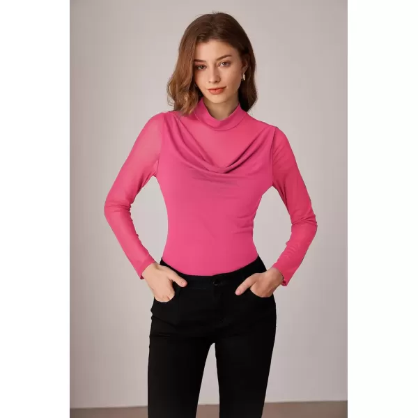 imageGRACE KARIN Mesh Tops for Women Dressy Sheer Long Sleeve Mock Neck Slim Blouses Going Out ShirtsRose Red