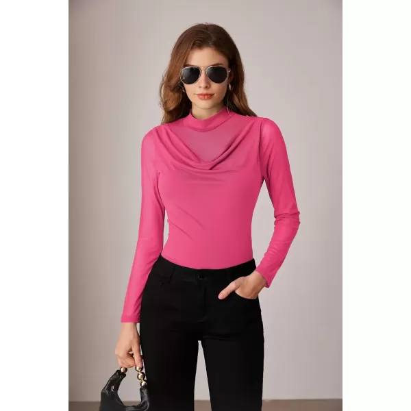 imageGRACE KARIN Mesh Tops for Women Dressy Sheer Long Sleeve Mock Neck Slim Blouses Going Out ShirtsRose Red