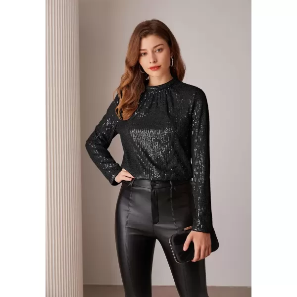 imageGRACE KARIN Sequin Tops for Women Long Sleeve Crew Neck Loose Fit Sparkly for Party 2024 Fall WinterBlack